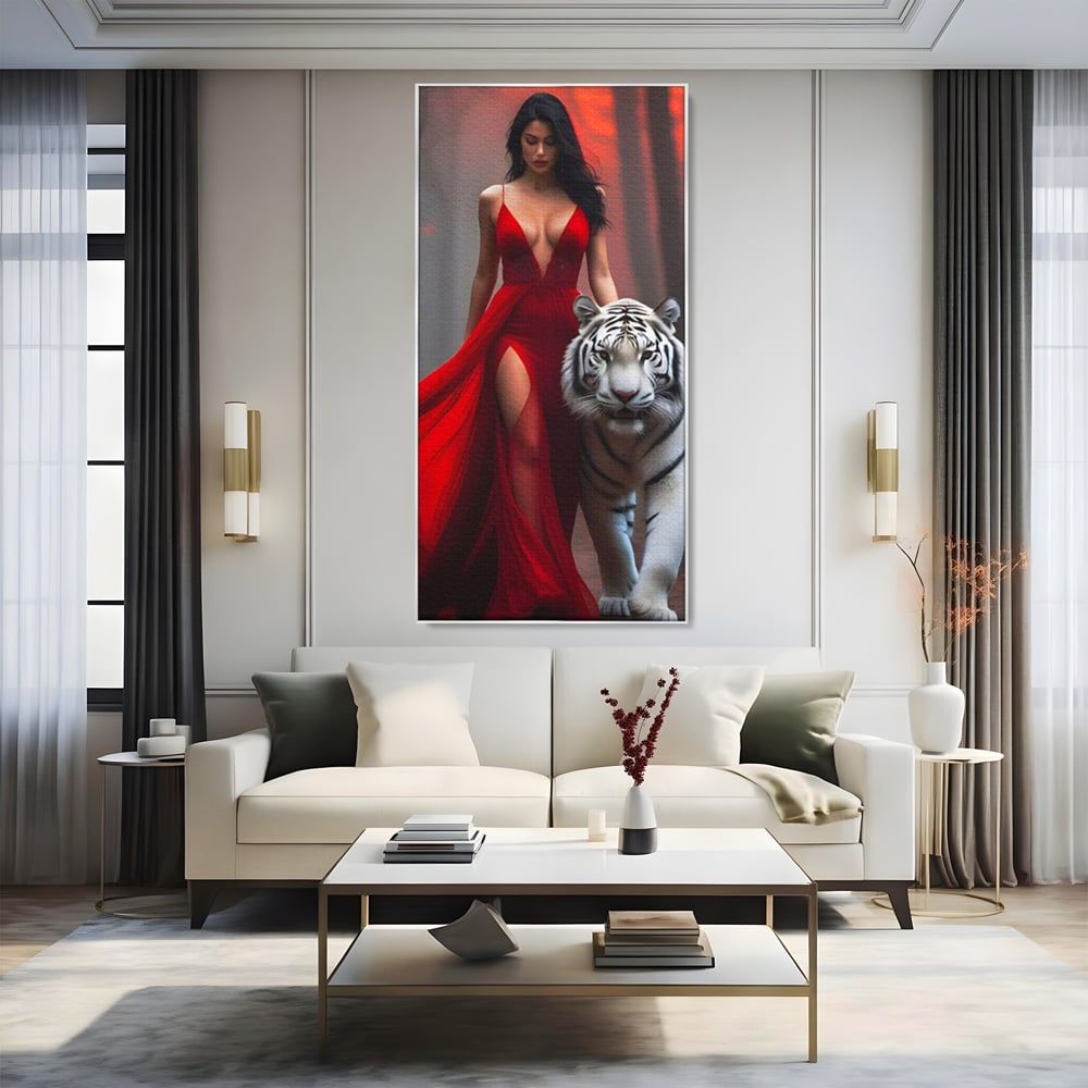 Tablou canvas cu tablou canvas cu femeie si tigru alb, in rama de aluminiu argintiu, pe perete intr-un living
